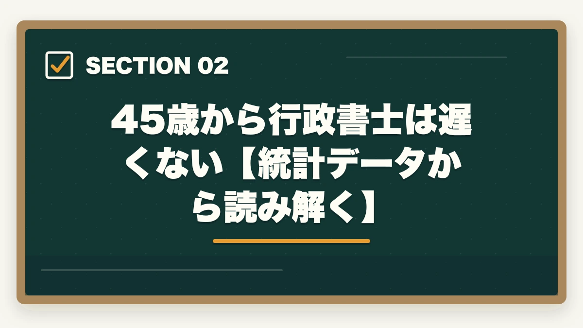 45歳から行政書士は遅くない【統計データから読み解く】｜行政書士を45歳から目指す！合格できる？仕事もやっていけるの？の図解