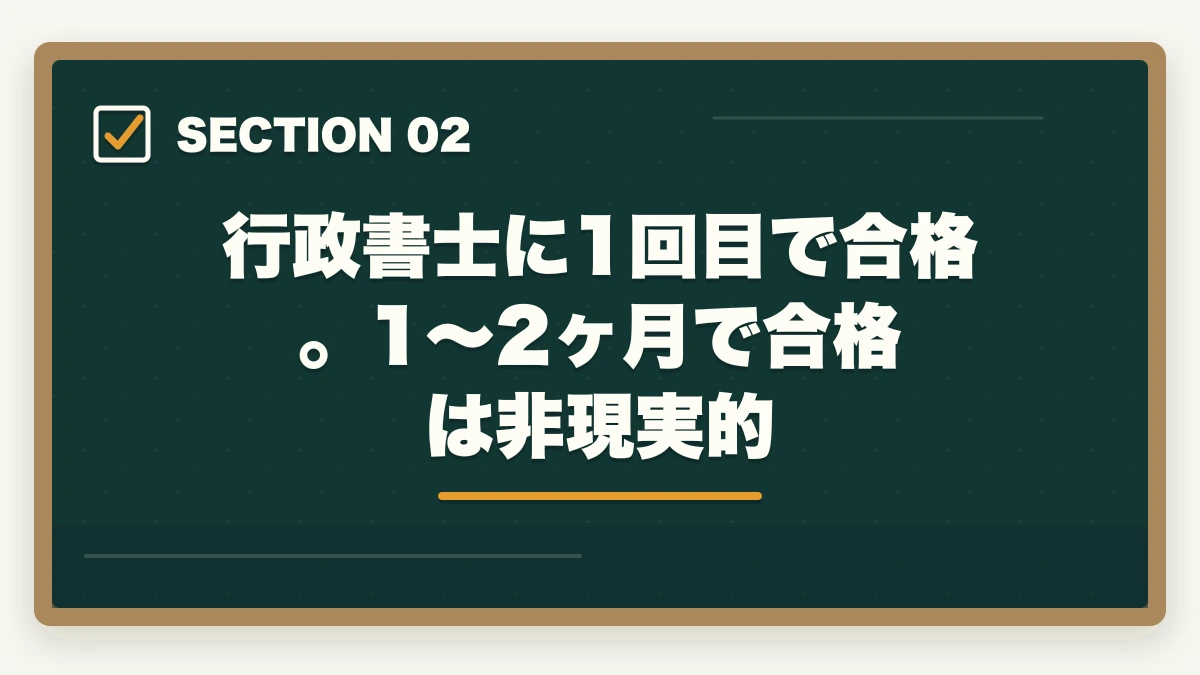 行政書士に1回目で合格。1～2ヶ月で合格は非現実的｜行政書士試験に1ヶ月〜2ヶ月で合格できるの？合格者が勉強法を解説の図解