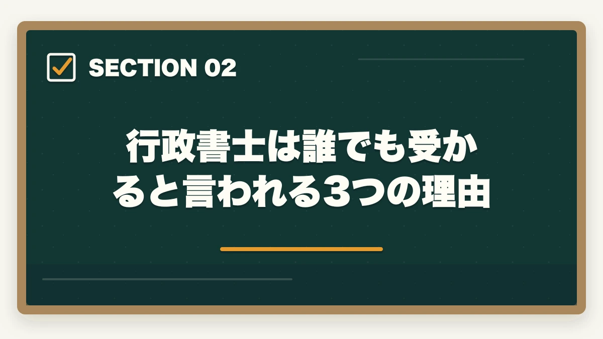 行政書士は誰でも受かると言われる3つの理由|行政書士は誰でも受かる?合格者が経験談を解説|合格のコツの図解