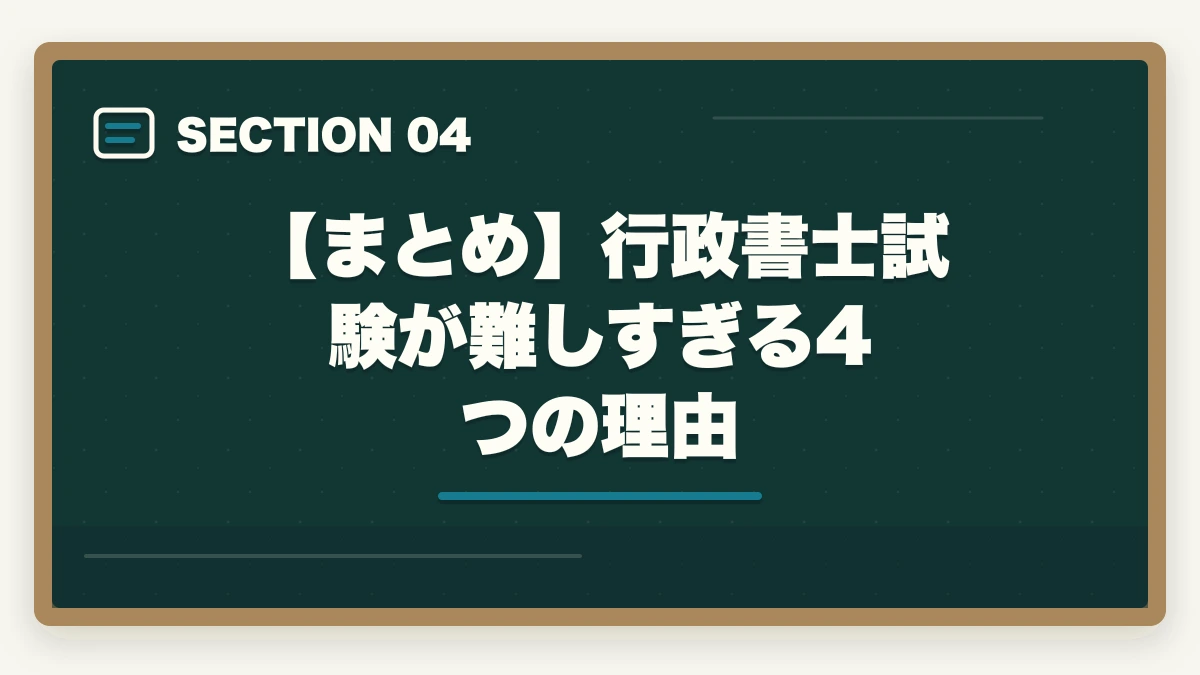 【まとめ】行政書士試験が難しすぎる4つの理由|行政書士試験が難しすぎ!難しい理由と合格するための勉強法を解説の図解