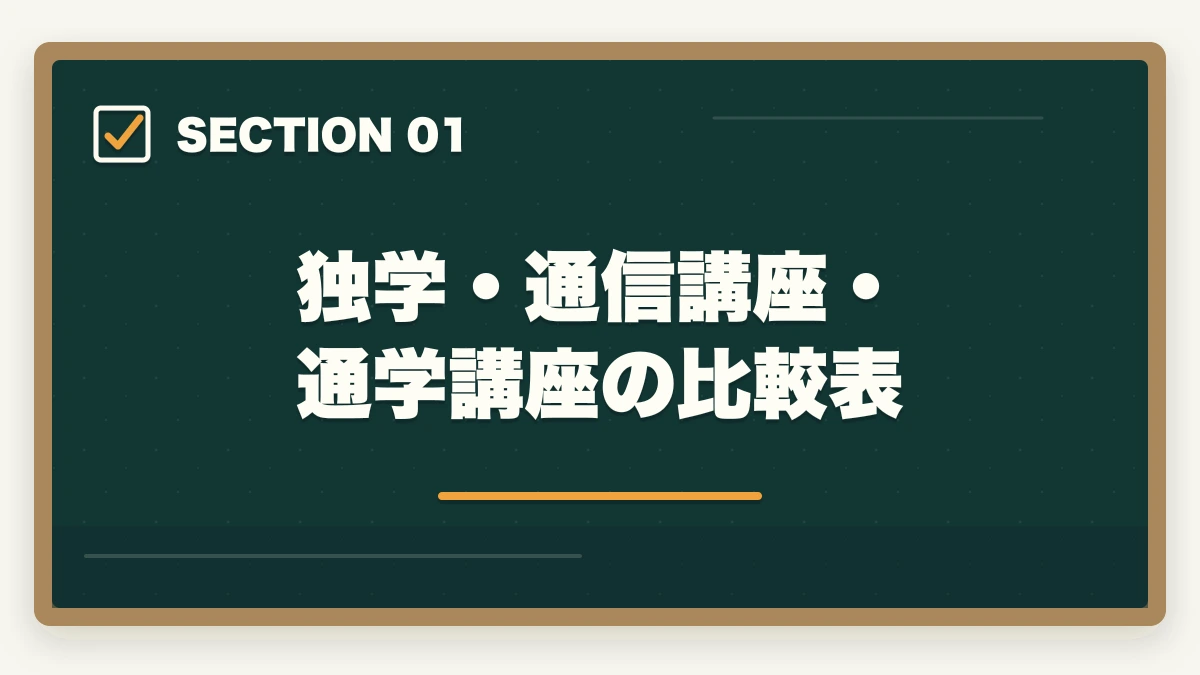 独学・通信講座・通学講座の比較表｜行政書士は独学と通信講座どっちがいい？合格者が徹底比較の図解