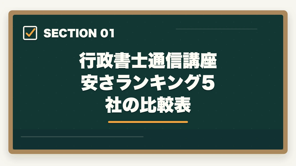 行政書士通信講座 安さランキング5社の比較表|【コスパ重視】行政書士の通信講座 安いランキング5選|有資格者が解説の図解