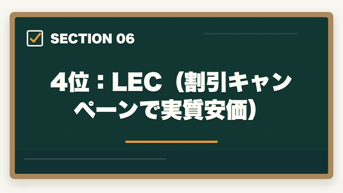4位:LEC(割引キャンペーンで実質安価)|【コスパ重視】行政書士の通信講座 安いランキング5選|有資格者が解説の図解