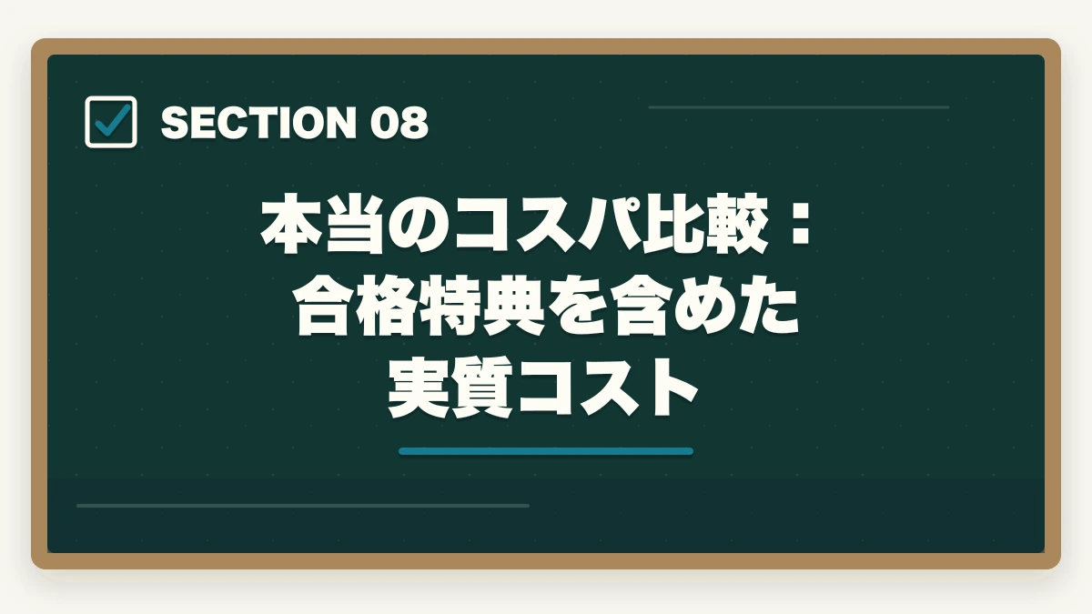 本当のコスパ比較:合格特典を含めた実質コスト|【コスパ重視】行政書士の通信講座 安いランキング5選|有資格者が解説の図解