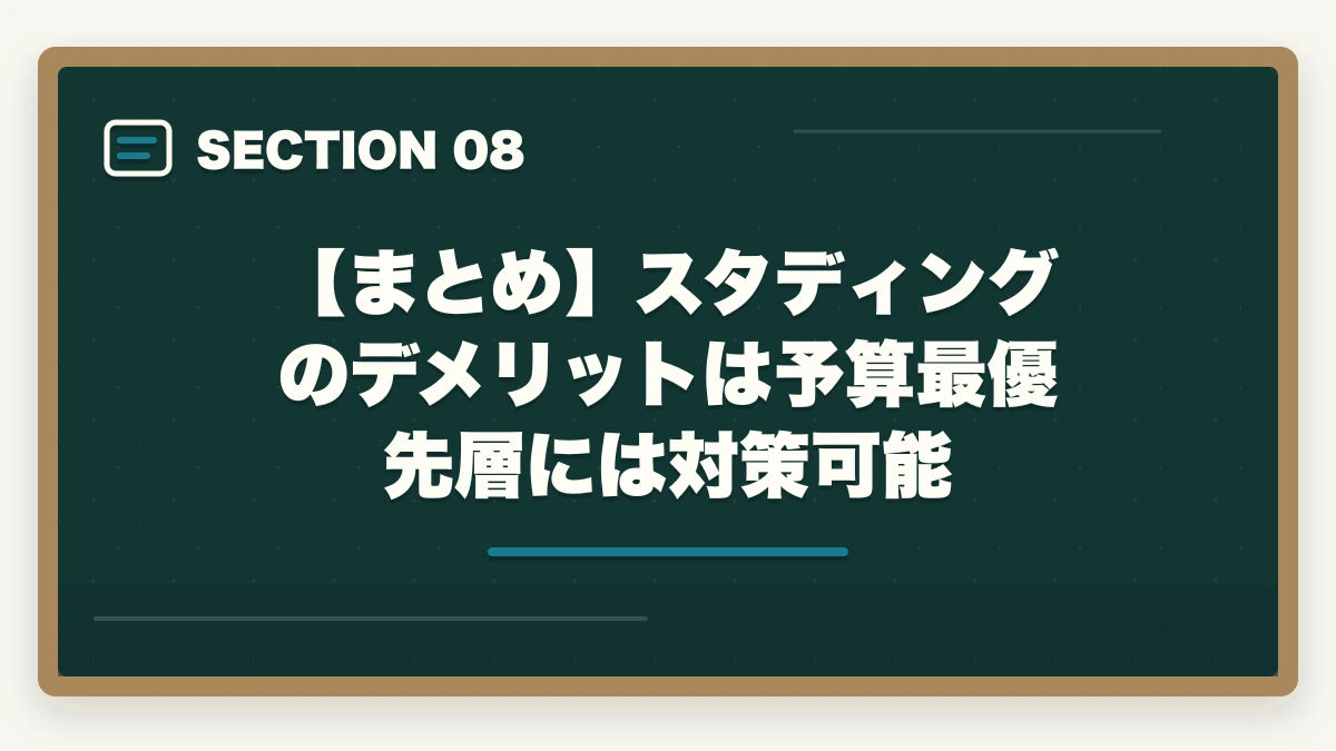 【まとめ】スタディングのデメリットは予算最優先層には対策可能｜スタディング行政書士の5つのデメリット|合格者が忖度なく解説【2026年】の図解
