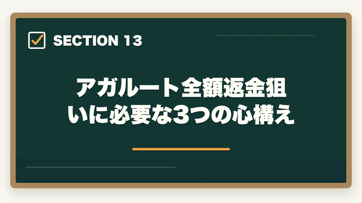 アガルート全額返金狙いに必要な3つの心構え｜アガルート行政書士の全額返金は本当?条件・申請手順を合格者解説【2026年】の図解