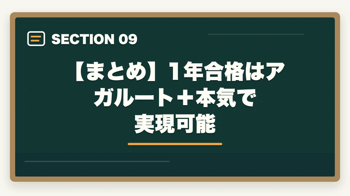 【まとめ】1年合格はアガルート＋本気で実現可能｜行政書士に1年で合格する勉強法|働きながら可能?合格者が完全解説【2026年】の図解