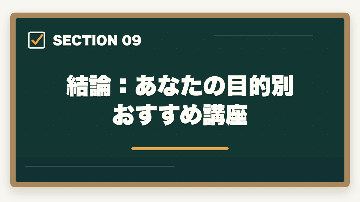 結論：あなたの目的別おすすめ講座｜行政書士通信講座の完全ガイド2026|主要4社比較・学習法・全記事まとめの図解