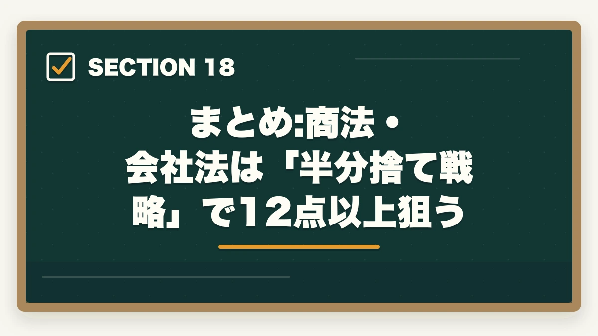 まとめ:商法・会社法は「半分捨て戦略」で12点以上狙う｜行政書士の商法・会社法は捨てる？効率的な勉強法を合格者解説【2026年】の図解
