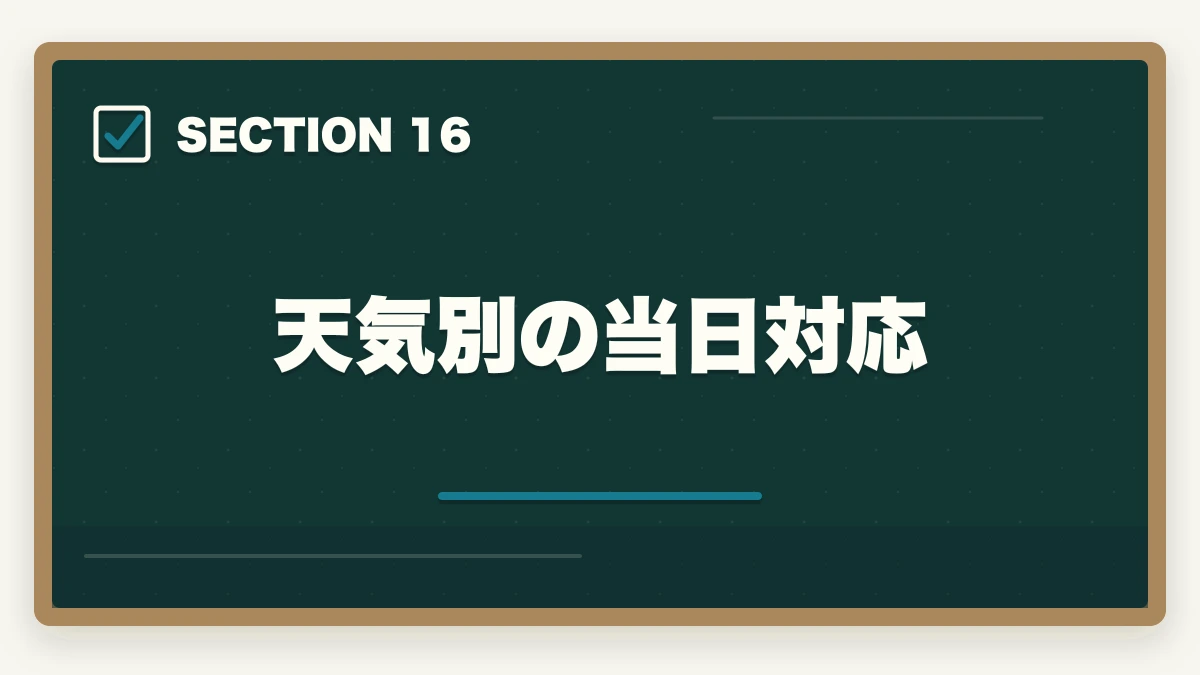 天気別の当日対応|行政書士試験当日の流れ完全ガイド|集合〜終了まで持ち物・服装も解説の図解