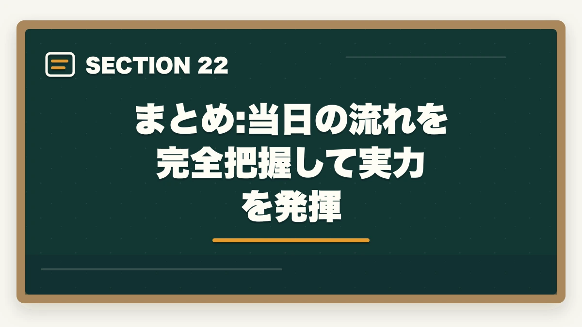 まとめ:当日の流れを完全把握して実力を発揮|行政書士試験当日の流れ完全ガイド|集合〜終了まで持ち物・服装も解説の図解