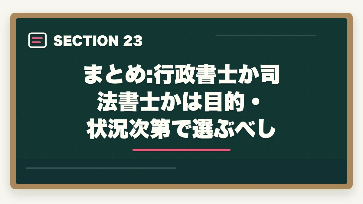 まとめ:行政書士か司法書士かは目的・状況次第で選ぶべし|行政書士と司法書士の違いは?難易度・年収・仕事内容を合格者が徹底比較【2026年】の図解