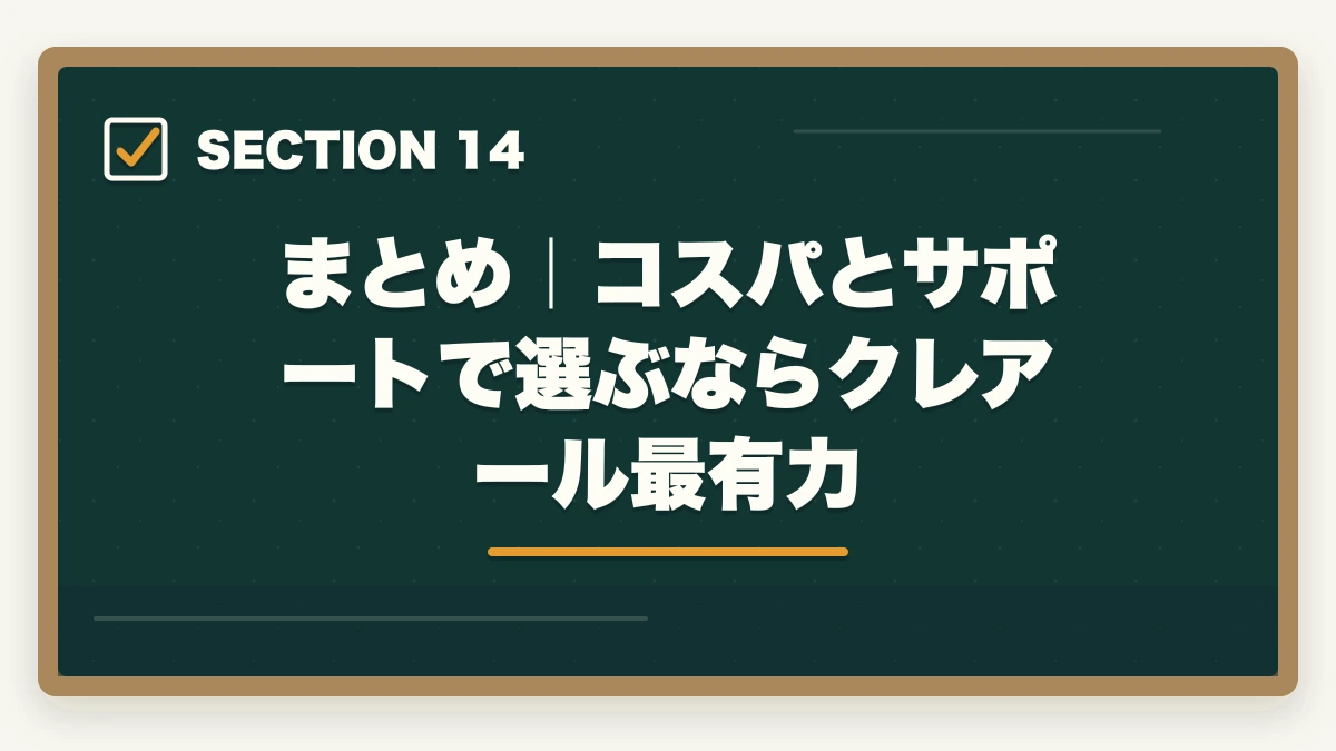 まとめ｜コスパとサポートで選ぶならクレアール最有力｜クレアール行政書士講座の完全ガイド|非常識合格法・セーフティ・無料書籍まで全解説【2026年】の図解