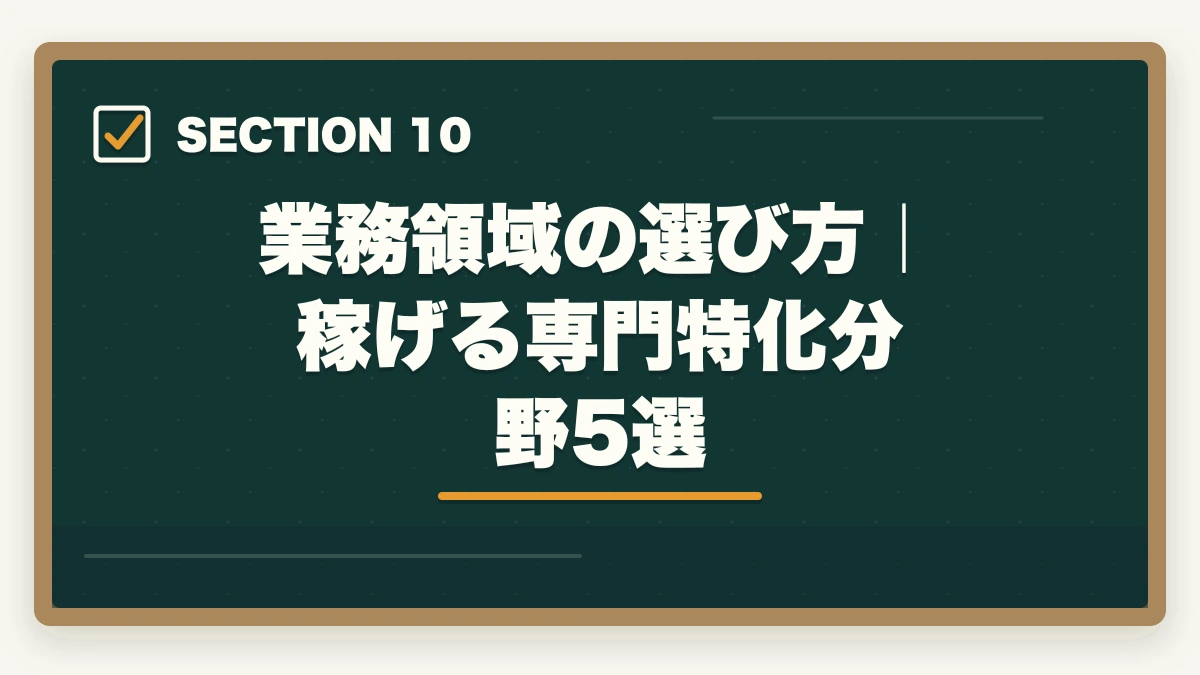 業務領域の選び方｜稼げる専門特化分野5選｜行政書士合格後の働き方完全ガイド|登録・開業・年収・副業まで全解説【2026年】の図解