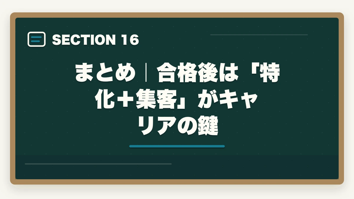 まとめ｜合格後は「特化＋集客」がキャリアの鍵｜行政書士合格後の働き方完全ガイド|登録・開業・年収・副業まで全解説【2026年】の図解