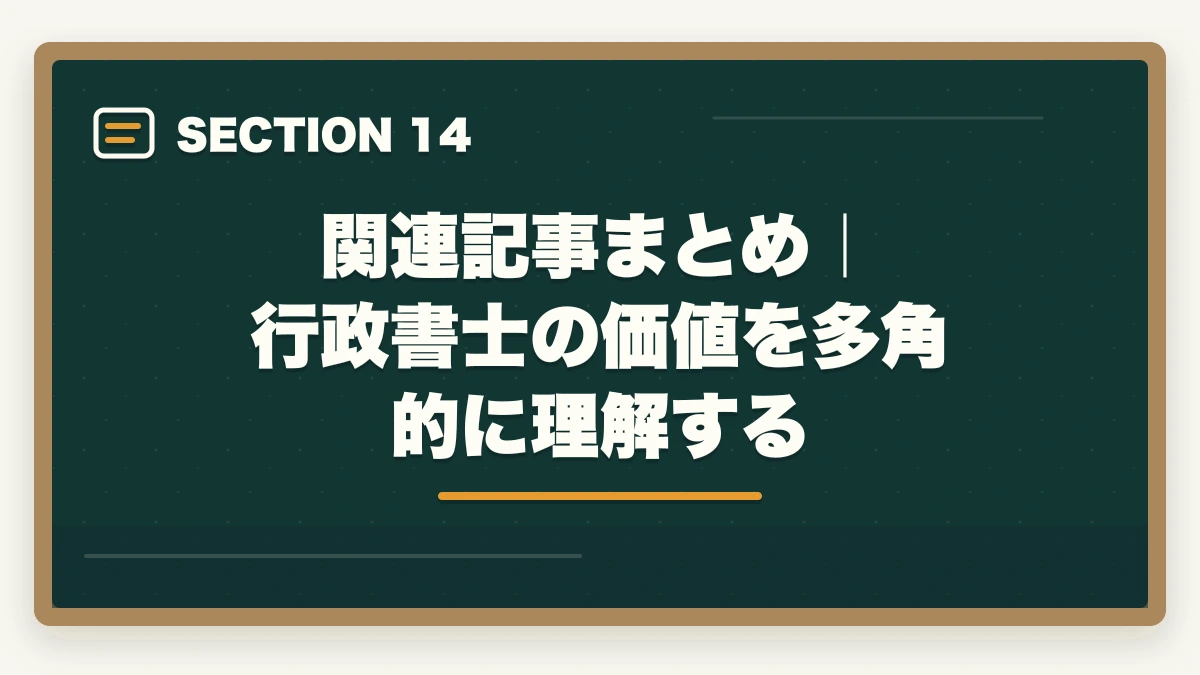 関連記事まとめ｜行政書士の価値を多角的に理解する｜行政書士の取得価値・将来性完全分析|オワコン/食えない/コスパを合格者が徹底考察【2026年】の図解