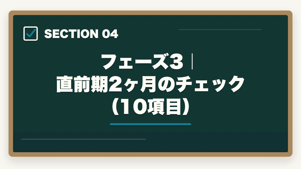 フェーズ3|直前期2ヶ月のチェック(10項目)|行政書士合格までの完全チェックリスト55項目|学習〜試験当日まで進捗管理【2026年】の図解