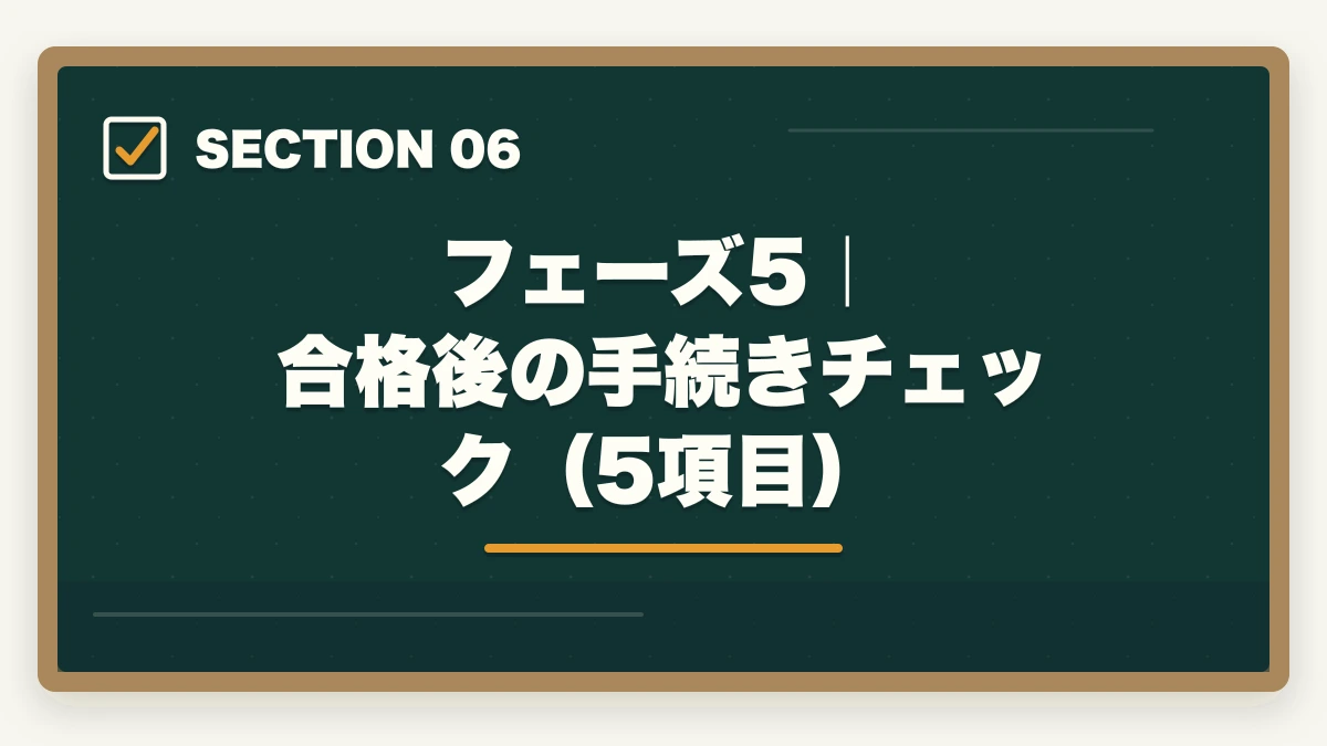 フェーズ5|合格後の手続きチェック(5項目)|行政書士合格までの完全チェックリスト55項目|学習〜試験当日まで進捗管理【2026年】の図解
