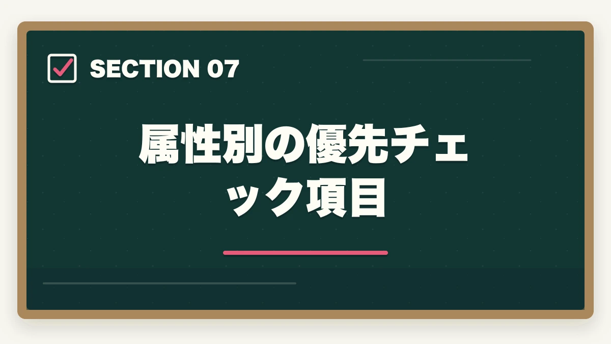 属性別の優先チェック項目|行政書士合格までの完全チェックリスト55項目|学習〜試験当日まで進捗管理【2026年】の図解