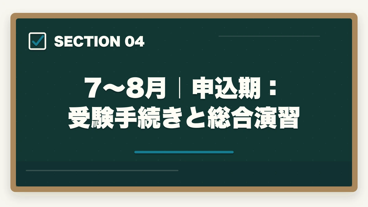 7〜8月|申込期:受験手続きと総合演習|2026年版 行政書士試験対策 月別カレンダー|今月からやるべきことが一目でわかるの図解