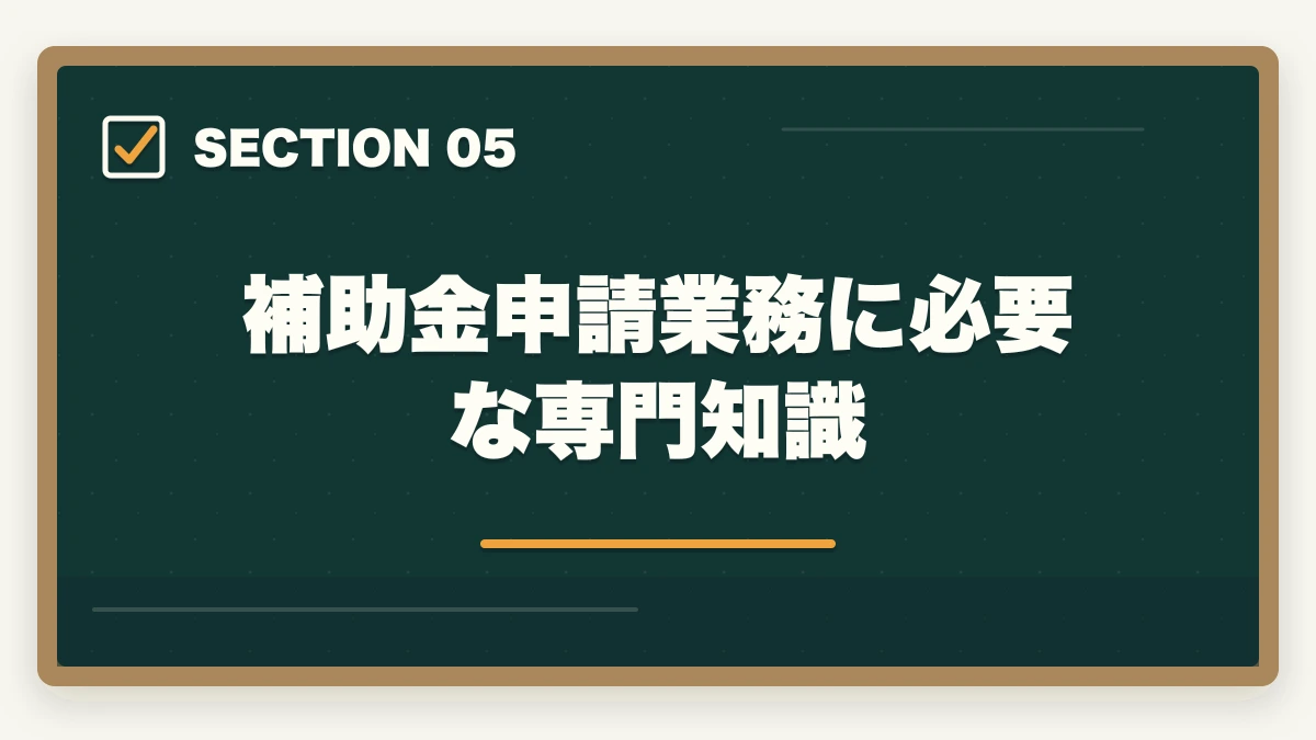 補助金申請業務に必要な専門知識|行政書士の補助金申請支援業務完全ガイド|成功報酬20%で稼ぐ【2026年版】の図解