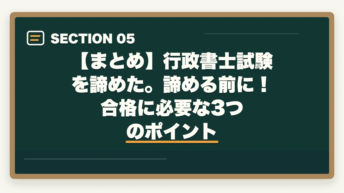 【まとめ】行政書士試験を諦めた。諦める前に！合格に必要な3つのポイント｜行政書士を諦めた…諦める前に確認！『その勉強法で合っていますか？』の図解