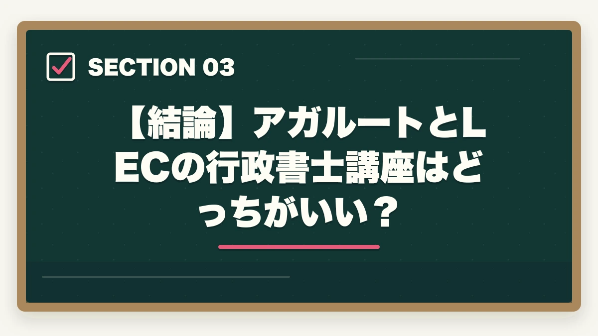 【結論】アガルートとLECの行政書士講座はどっちがいい?|アガルートとLEC行政書士講座どっちがオススメ?合格者が徹底比較の図解