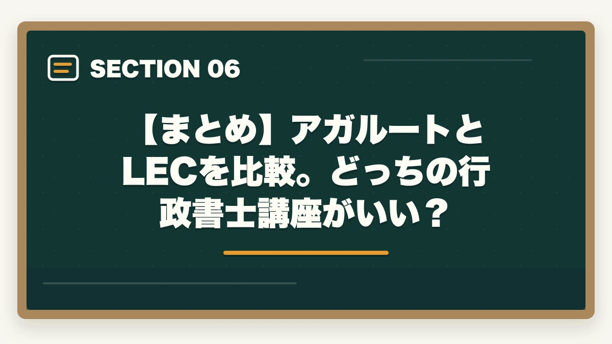 【まとめ】アガルートとLECを比較。どっちの行政書士講座がいい?|アガルートとLEC行政書士講座どっちがオススメ?合格者が徹底比較の図解